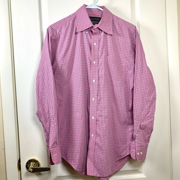 Lauren Ralph Lauren Green Label Pink Checked Classic Fit 100% Cotton Sz 15 32/33 - Picture 1 of 4
